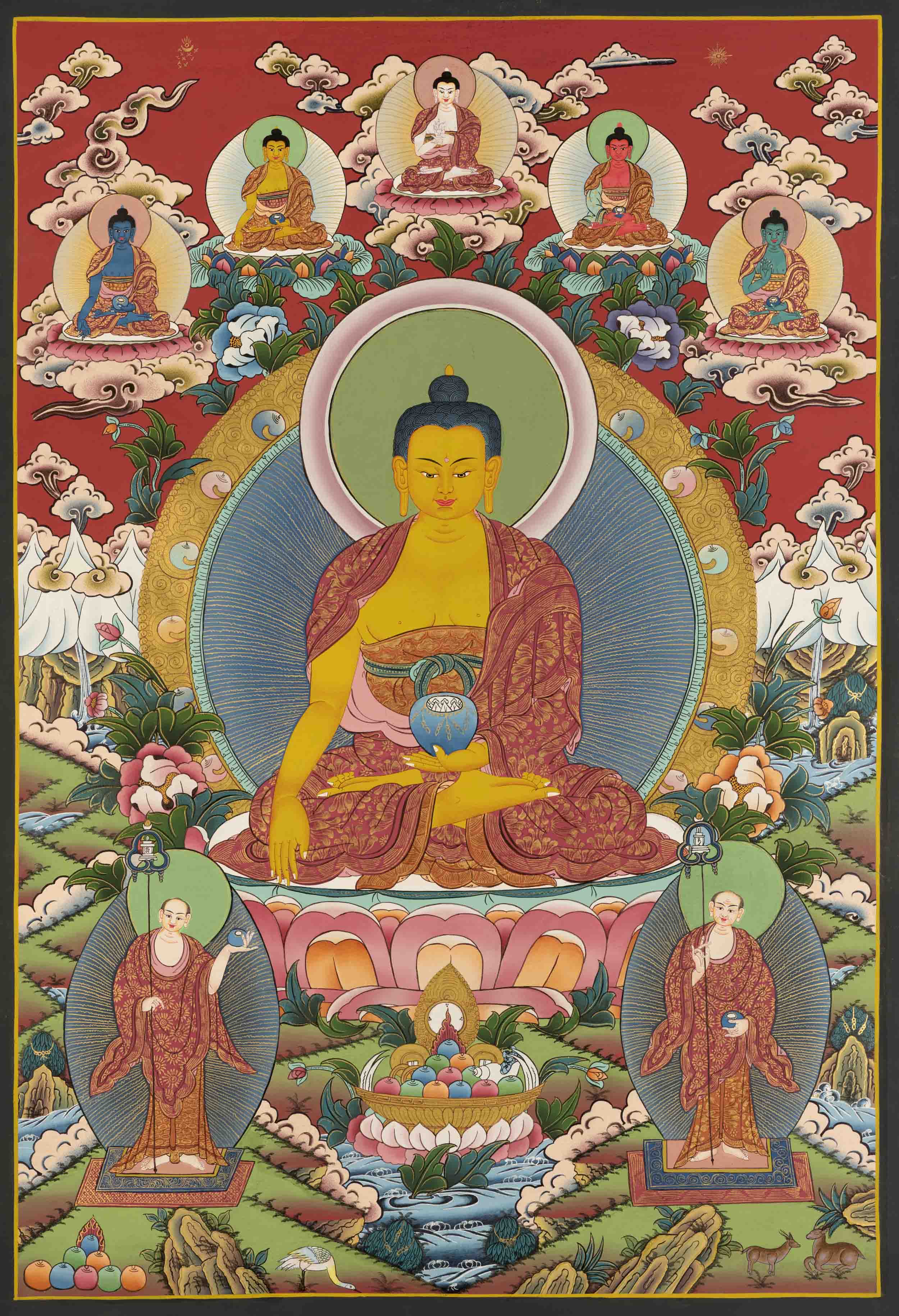 Shakyamuni Buddha Thangka Flanked By Dhyani Pancha Buddha | Ratnasambhava, Akshobhya, Vairocana, Amitābha, and Amoghasiddhi